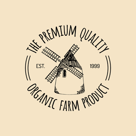 Vector retro farm fresh logotype. Organic premium quality products label. Eco food sign. Vintage hand sketched windmill.のイラスト素材