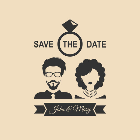 Vintage wedding romantic invitation card with ribbon,ring, bride and groom in flat style.Save the Date invite in vector.のイラスト素材
