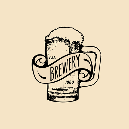 Kraft beer mug logo. Lager cup retro sign. Hand sketched ale illustration. Vector vintage homebrewing label or badge.のイラスト素材