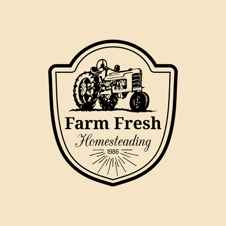 Vector retro family farm logotype. Organic premium quality products logo. Vintage hand sketched tractor icon.のイラスト素材