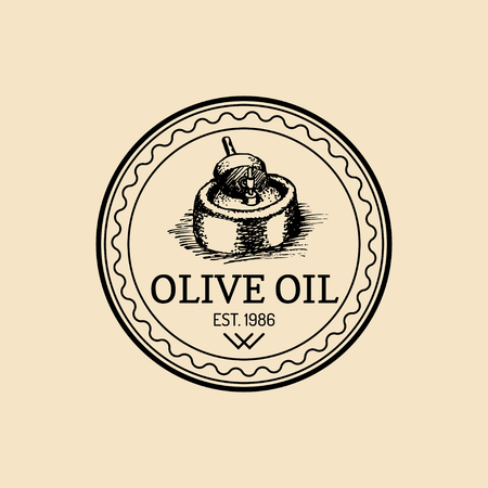 Vector vintage olive logo. Retro emblem with rural extra virgin oil press. Hand sketched farm production sign.のイラスト素材