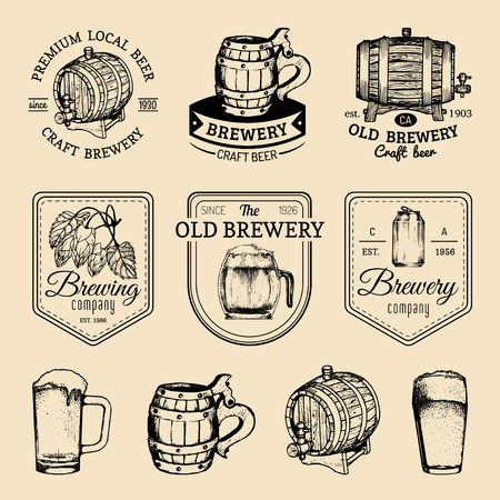 Old brewery logos set. Kraft beer retro signs or icons with hand sketched glass, barrel etc. Vector vintage badges.のイラスト素材