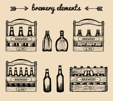 Vector set of vintage brewery elements.Retro collection with beer,lager,ale signs. Sketched boxes or crates with bottlesのイラスト素材