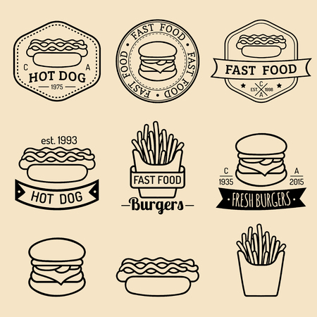 Vector vintage fast food logos set. Retro eating signs collection. Bistro, snack bar, street restaurant icons.のイラスト素材
