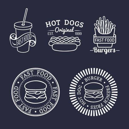 Vector vintage fast food logos set. Retro eating signs collection. Bistro, snack bar, street restaurant icons.のイラスト素材