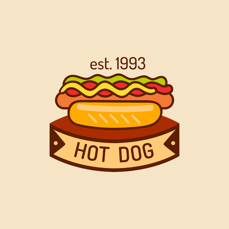 Vector vintage fast food logo. Retro hand drawn hot dog sign. Bistro icon. Used for street restaurant, cafe, bar menu.のイラスト素材