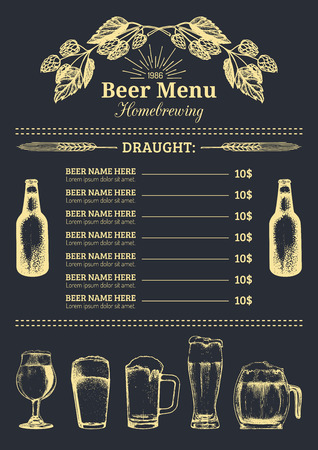Beer menu design template.Vector pub, restaurant card with hand sketched lager,ale illustrations. Brewery elements iconsのイラスト素材