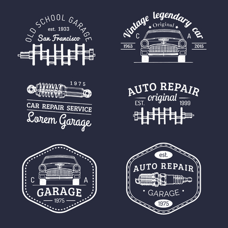 Garage logos set. Car repair emblems collection. Vector vintage sketched auto service signs for advertising posters etc.のイラスト素材