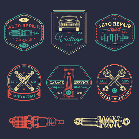 Garage logos set. Car repair emblems collection. Vector vintage sketched auto service signs for advertising posters etc.のイラスト素材