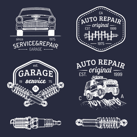Garage logos set. Car repair emblems collection. Vector vintage sketched auto service signs for advertising posters etc.のイラスト素材