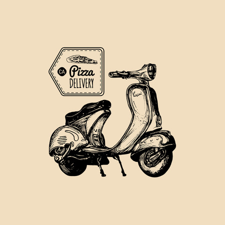 Vector pizza delivery scooter. Sketched retro motorroller with italian food illustration. Typographic advertising posterのイラスト素材