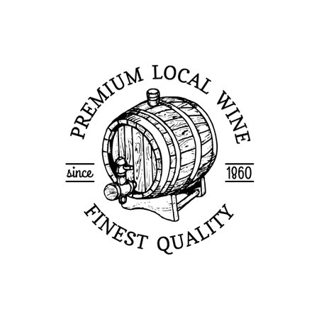 Wine logo.Vector winery sign with wooden barrel.Typographic label, badge with hand sketched keg for restaurant,bar menu.のイラスト素材