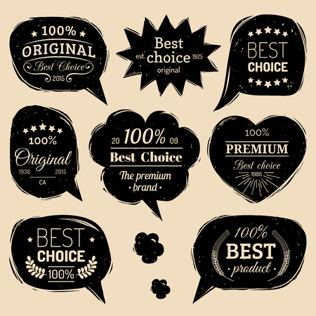 Premium vector logos set. Flat style speech bubbles with Best Choice, Original text for cards, ad posters etc.のイラスト素材