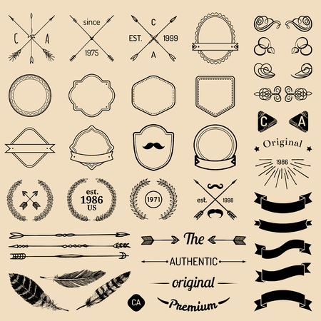 Vintage hipster logo elements with arrows,ribbons,feathers, laurels, badges. Emblem template constructor. Iicon creator.のイラスト素材