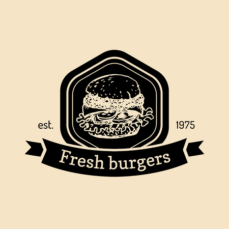 Vector vintage fast food logo. Retro hand drawn fresh burger label. Hipster sandwich sign. Bistro, street eatery emblem.のイラスト素材