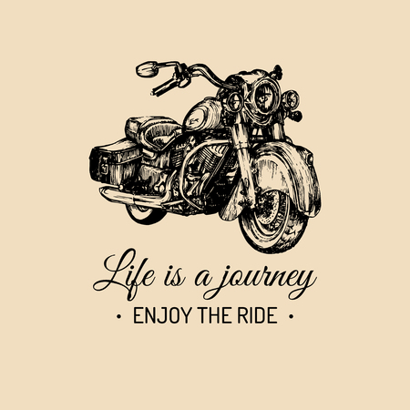 Life is a journey, enjoy the ride inspirational poster. Vector hand drawn retro bike for MC label, custom chopper store.のイラスト素材