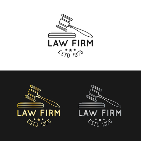 Law office logos set with gavel illustration. Vector vintage attorney, advocate labels,juridical firm badges collection.のイラスト素材