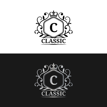 Vector monogram logo template. Luxury letter design. Graceful vintage character with crown illustration for hote etc.のイラスト素材