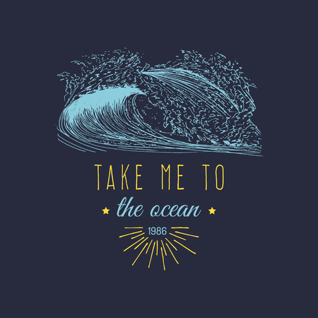 Take me to the ocean vector hand lettering banner. Inspirational poster with vintage surfing wave illustration.のイラスト素材