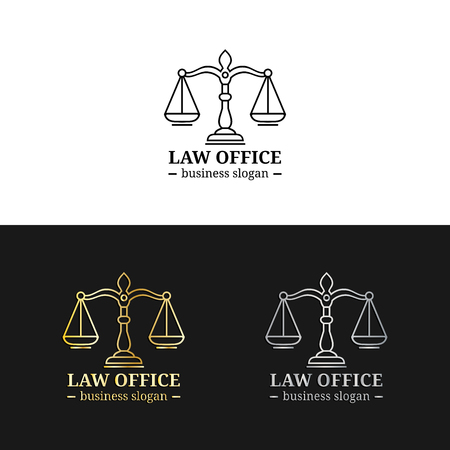 Law office logos set with scales of justice illustration. Vector vintage attorney,advocate labels,juridical firm badges.のイラスト素材