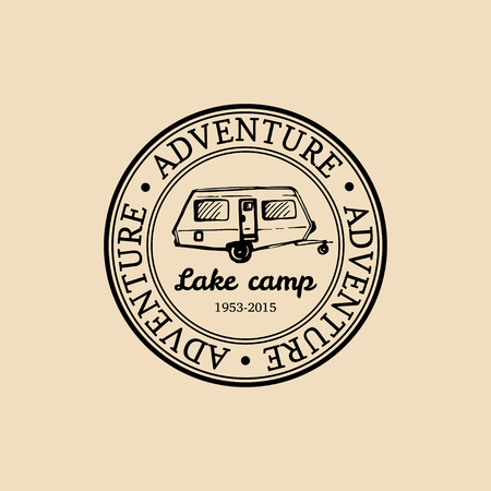 Vector camp logo. Tourism sign with hand drawn trailer illustration. Retro hipster emblem, label of outdoor adventures.のイラスト素材