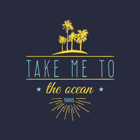 Take me to the ocean vector hand lettering quote banner. Typographic poster with vintage sunglasses, waves illustration.のイラスト素材