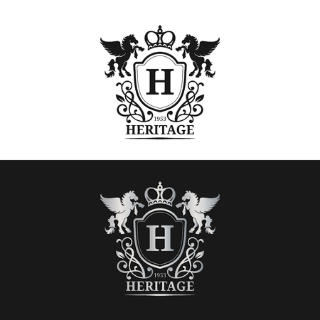 Vector monogram logo template. Luxury letter design. Graceful vintage character with pegasus symbols illustration.のイラスト素材