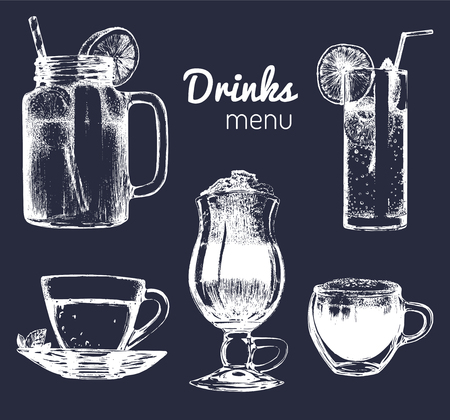 Soft drinks and glasses for bar,restaurant,cafe menu. Hand drawn beverages vector illustrations set,lemonade,coffee,tea.のイラスト素材