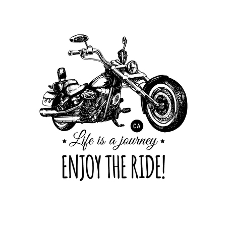 Life is a journey, enjoy the ride inspirational poster. Vector hand drawn chopper for MC label. Motorcycle illustration.のイラスト素材