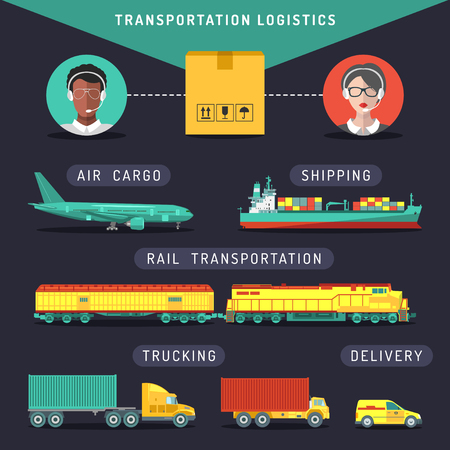 Vector transportation logistics concept.Sea, air,rail carriage, trucking services management infographics in flat style.のイラスト素材