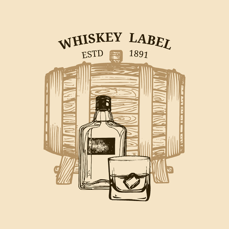 Vector whiskey illustration. Logo,label with sketched wooden barrel, bottle, glass for restaurant,bar,cafe menu concept.のイラスト素材