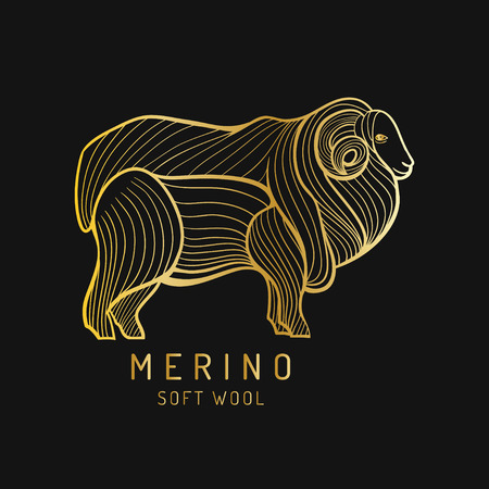 Merino sheep logo, label. Vector ram illustration. Ewe soft wool sign. Fleece icon background.のイラスト素材