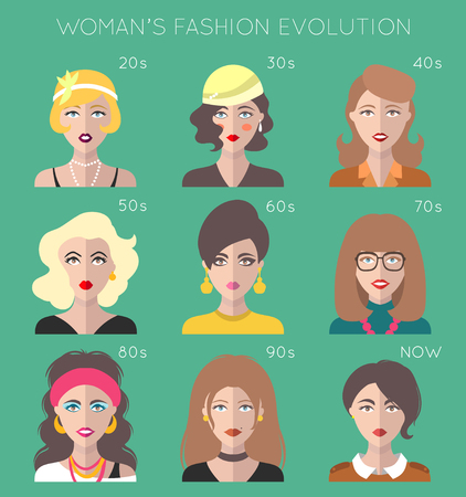 100 years of beauty. Female fashion evolution infographics. Vogue of 20th century trends changes.のイラスト素材