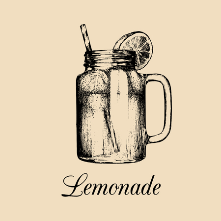 Mason jar isolated.Vector home made lemonade with straw and slice of lemon illustration.Hand drawn sketch of soft drink.のイラスト素材
