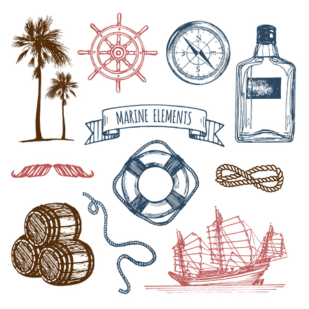 Marine set. Vector hand sketched sea illustrations. Vintage pirate adventures signs. Maritime design collection.のイラスト素材