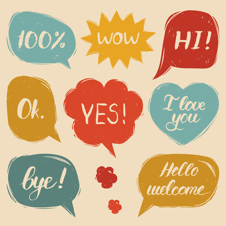 Vector set of hand drawn colorful comic speech bubbles with phrases Hi, Hello, I love you, Yes, Wow, Bye, Welcome, Ok.のイラスト素材