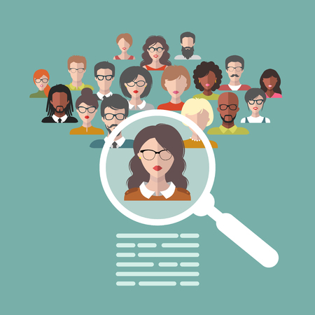 Vector illustration of human resources management, staff research, head hunter job with magnifying glass in flat style.のイラスト素材