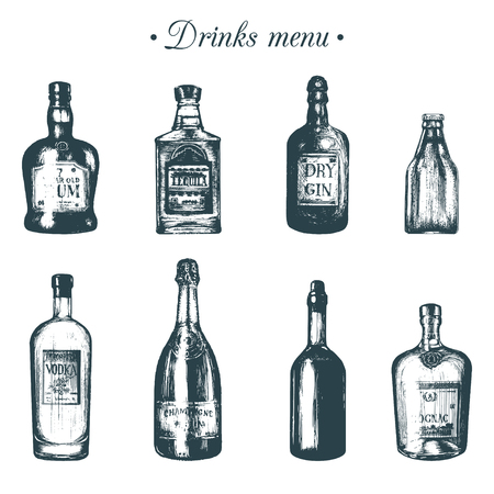 Hand sketched bottles of alcoholic beverages rum, tequila, gin, beer, vodka etc. Vector illustrations set of drinksのイラスト素材