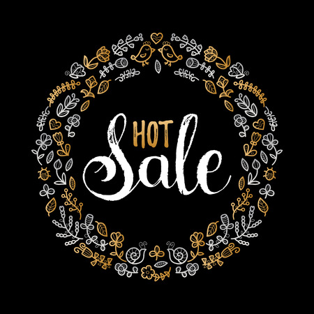 Handwritten Hot Sale vector illustration for poster or banner. Discount text in floral frame on black backgroundのイラスト素材