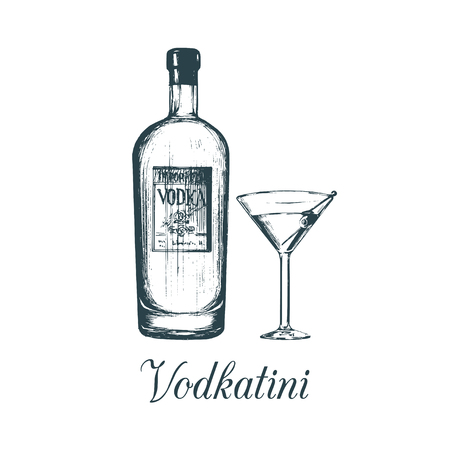 Hand sketched vodka bottle and vodkatini glass. Alcoholic drink set drawing.Vector illustration of traditional cocktail.のイラスト素材