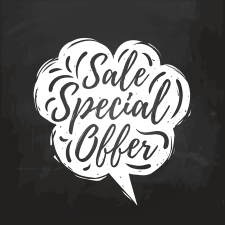 Sale, Special Offer hand lettering in speech bubble. Discount vector card, poster, flyer. Vintage illustration of logo.のイラスト素材