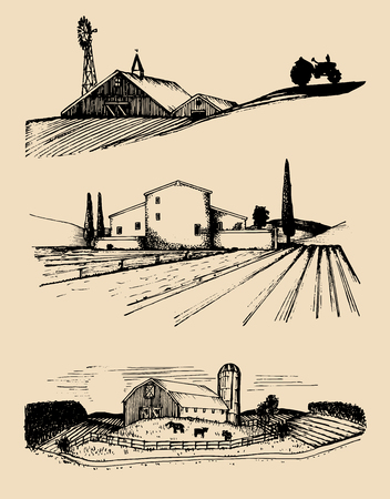 Vector farm landscapes illustrations set. Hand drawn countryside. Drawings of villa, peasants house in fields.のイラスト素材