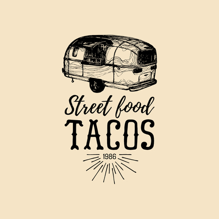Vector vintage mexican food truck logo. Tacos icon.Retro hand drawn hipster street snack car illustration.Eatery emblem.のイラスト素材