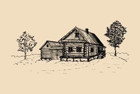 Vector rural landscape illustration. Hand drawn russian countryside poster. Sketch of village peasants houseのイラスト素材