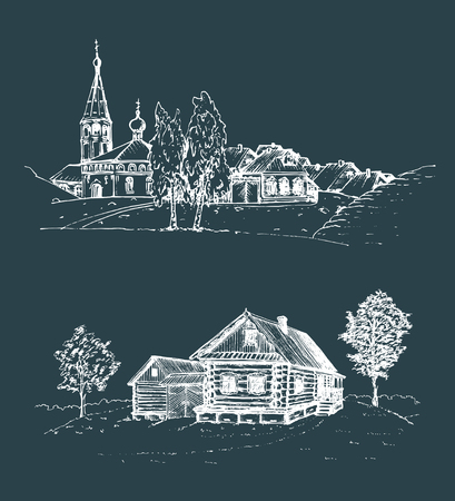 Vector rural landscape illustrations set. Hand drawn russian countryside. Sketches of village with church,birches.のイラスト素材