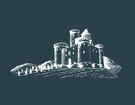 Vector old castle illustration. Gothic fortress. Hand drawn sketch of landscape with tower among rural fields and hills.のイラスト素材