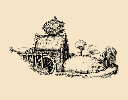 Hand sketched of old rustic water mill. Vector rural landscape illustration of irish countryside or scottish highlands.のイラスト素材