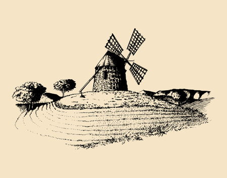 Hand sketch of rustic windmill in fields. Vector rural landscape illustration. Mediterranean countryside poster, card.のイラスト素材