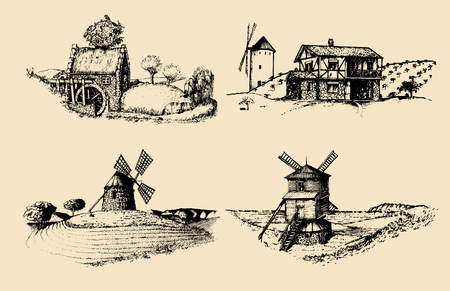 Hand drawn old rustic mills images.Vector rural landscape illustrations set. European countryside sketches for posters.のイラスト素材