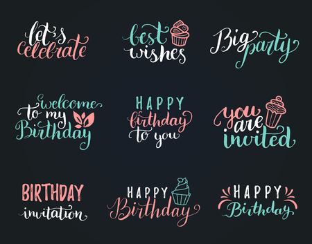 Vector Happy Birthday hand lettering collection, Big Party, Best Wishes etc. Calligraphy set for greeting cards etc.のイラスト素材